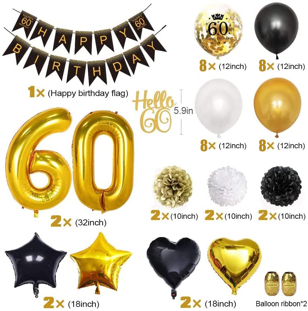 Decoraciones de 60 cumpleaños para hombres y mujeres, globos de 60 cumpleaños de oro negro, pompones de papel, confeti, globo impreso de feliz cumpleaños: Default Title
