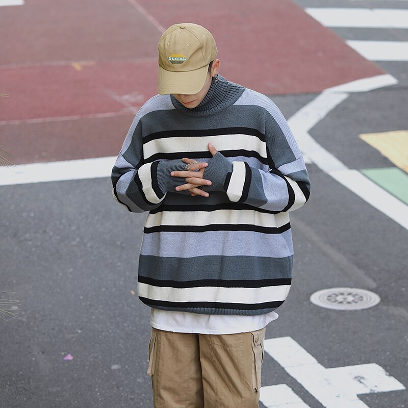 Stribet rullekrave sweater til mænd vinter varmt tøj koreanske løs trends pullover toppe vintage teenagere strik streetwear