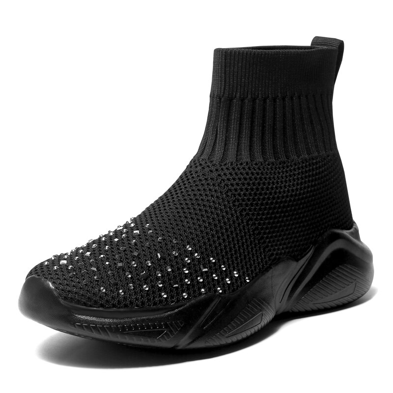 Vrouw Platform Schoenen Mode Sneakers Zachte Hak Vrouw Casual Schoenen High-Top Gebreide Vrouw Leisure Enkelsok Stof Mesh flats: Black / 7