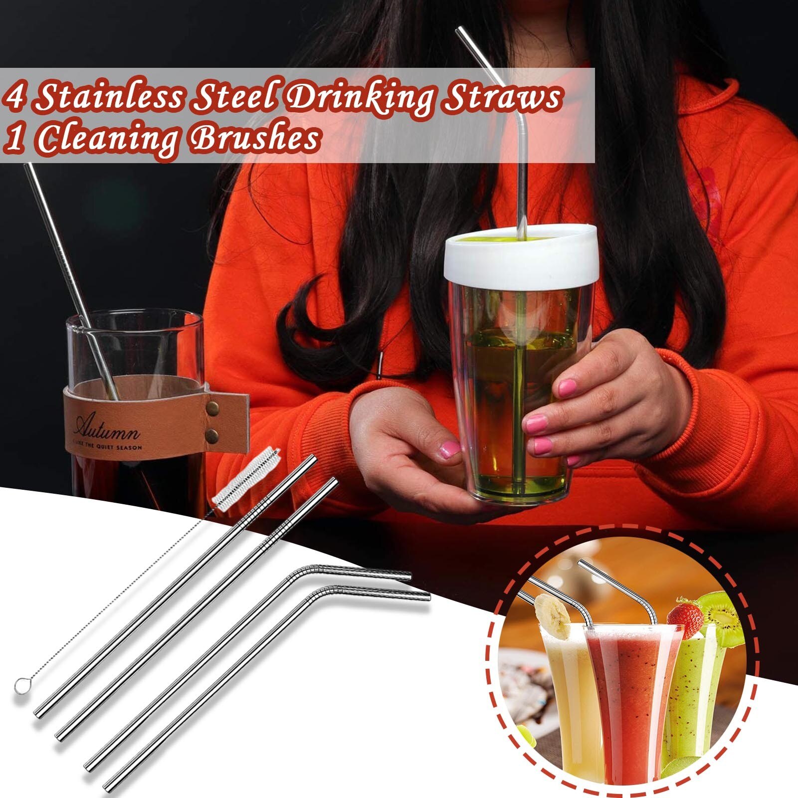 4 Pcs Stro Met Cleaner Brush Korte Cocktail Buizen Lange Metalen Drinken Buisjes Drink Rietjes Voor Smoothies Tapioca Melk Thee