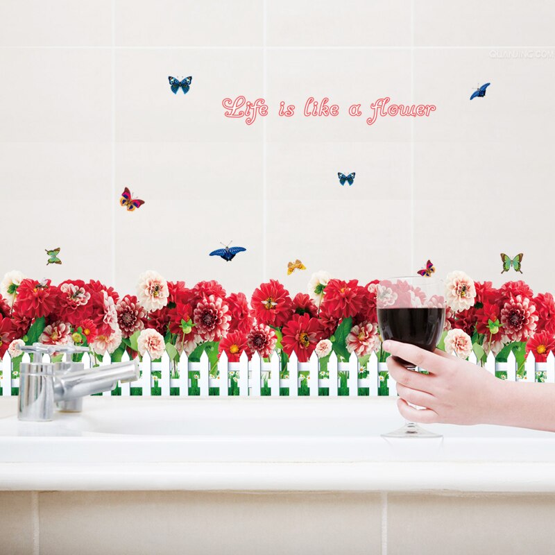 Red Flower Butterfly Kitchen Baseboard Wall Sticker Cabinet Stove Waist Line Border Decoration Poster PVC Corner Art Mural