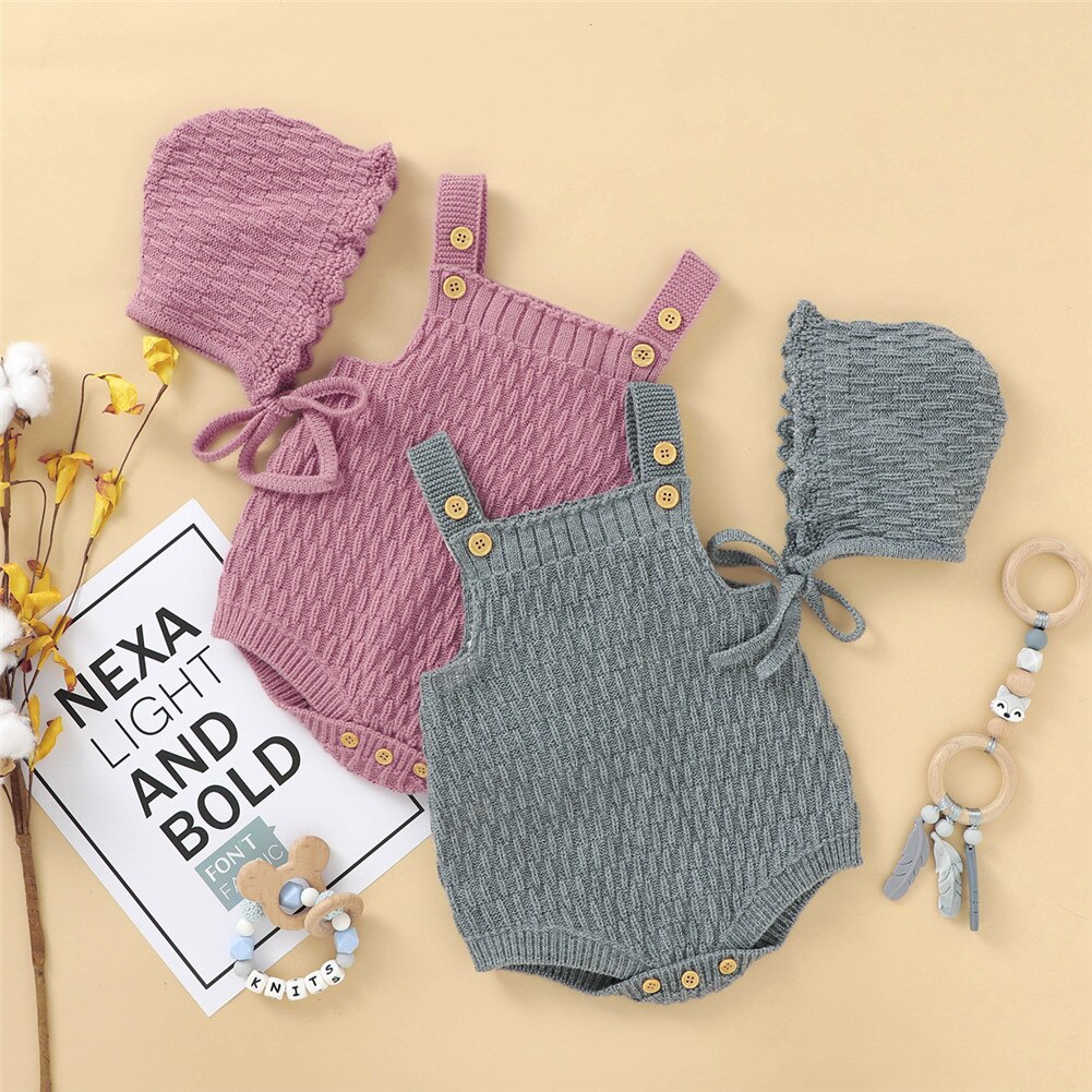 Focusnorm 4 Kleuren Baby Meisjes Jongens Gebreide Trui Rompertjes Hoeden 2 Stuks Solid Ruches Mouwloze Warm Jumpsuits