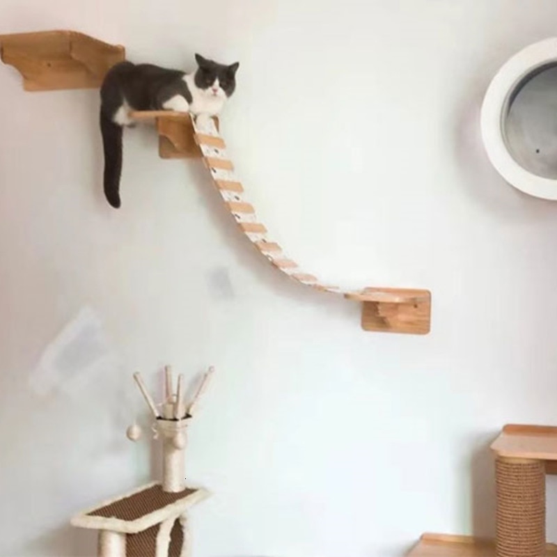 Kattenbrug, houten hangend platform, aan de muur gemonteerd huisdiermeubel, kattenboom, sisal krabpaal, kattennest, klimrek voor huisdieren