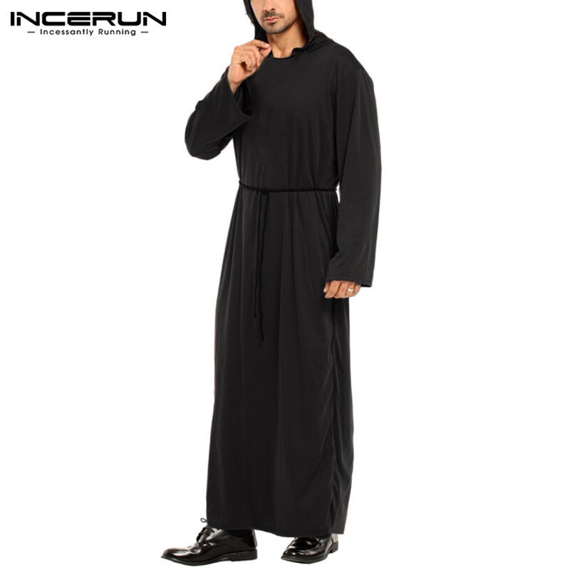 Heren gewaden cosplay kostuum met kap kerk effen kleur lange mouwen kaftan priester herenkleding cosplay zachte gewaden zonder riem incerun 7