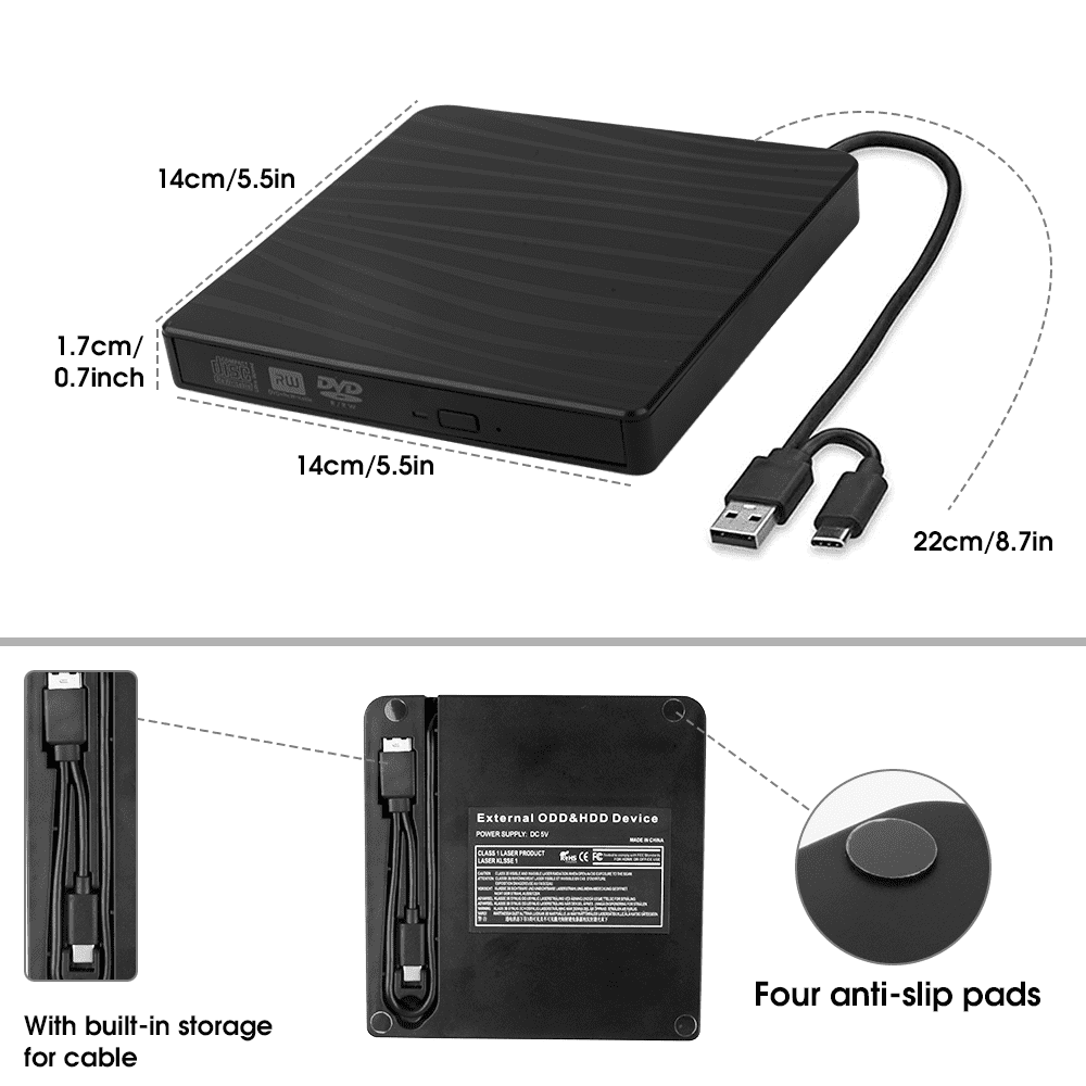 Externes CD/DVD-Laufwerk für Laptop, Dual-Head, USB A/C 3.0, CD-DVD-Player, tragbar, +/-RW-Brenner, CD-ROM-Lesegerät, Schreibgerät, Disk-Duplikator