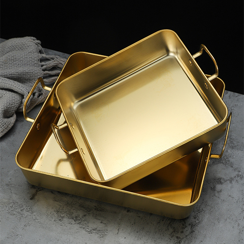 Two Ear Stainless Steel Square Food Trays Fruit Snacks Plates DIY Baking Tools Flat Fry Pan Trays for Kitchen