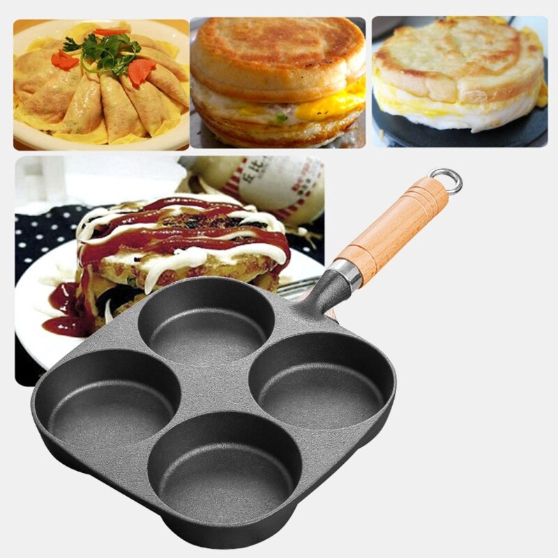 HUHOU 4-Hole Non-Stick Frying Pan – Egg, Hamburger, Pancake Maker With Wooden Handle (Induction Compatible)