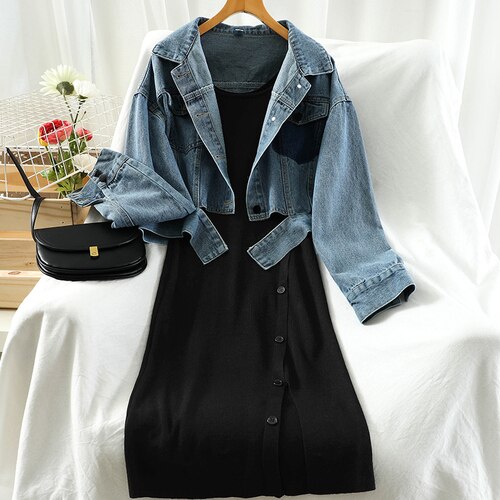 Marca de moda terno feminino outono nova moda tricô fino meados de comprimento pequeno vestido preto + jaqueta jeans curto duas peças feminino: L
