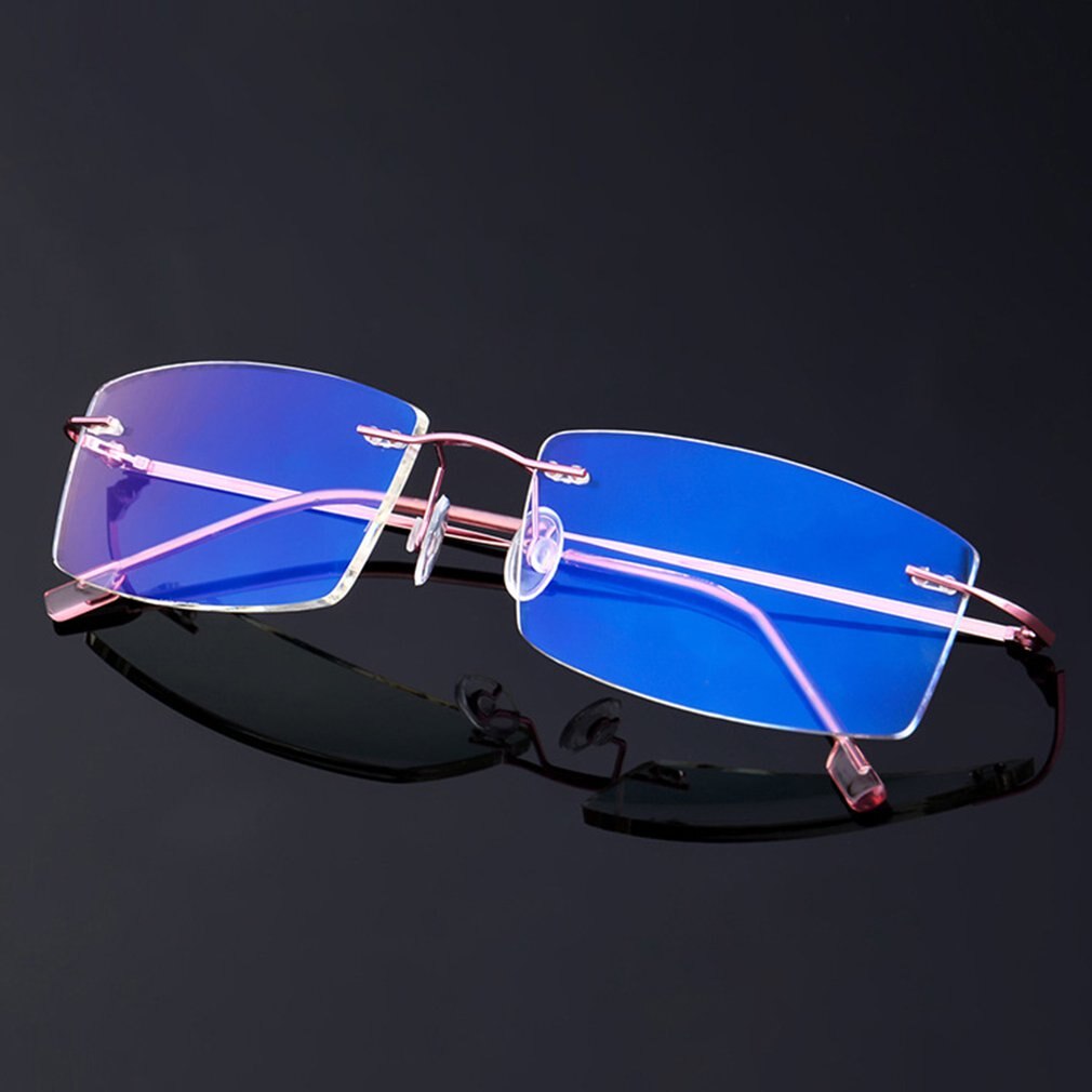 Super elastische, frameloze metalen anti-blauw licht bril van metaallegering, opvouwbare pootjes, comfortabele neuspads