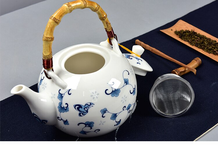 Bule de cerâmica 1500ml, grande capacidade, porcelana azul e branca, bule de cerâmica artesanal, bule de chá de vidro, com filtro