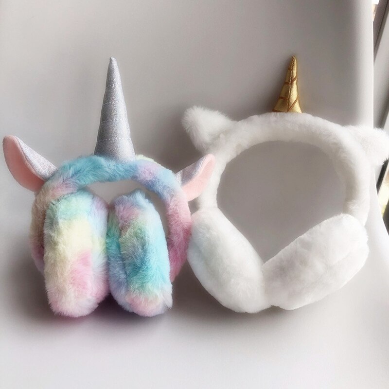 Casque de licorne arc-en-ciel blanc mignon doux filles hiver cache-oreilles femmes accessoires couvre-oreilles chauffe-oreilles protecteurs d'oreille: WHITE