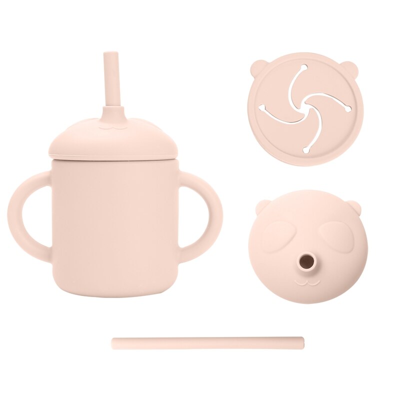 6 Kleur Baby Sippy Cup Cartoon Panda Food Grade Siliconen Dual Purpose Cup Draagbare Opslag Snack Container Cup Met Stro: peach