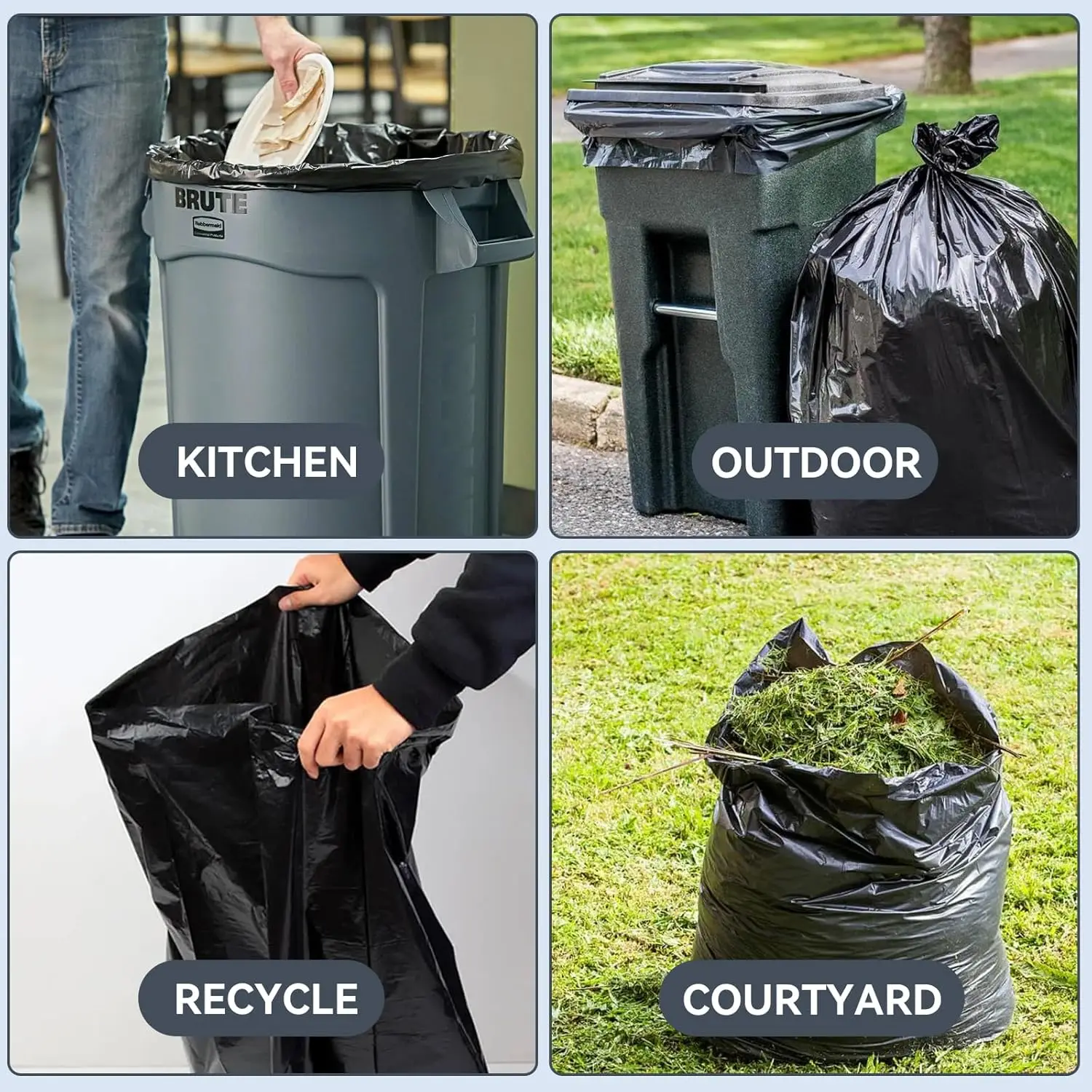 Extra grote, dikke zwarte vuilniszakken met platte bovenkant, schoonmaakzakken, zware plastic vuilniszakken voor commercieel gebruik, keukenafval en buitenafval.