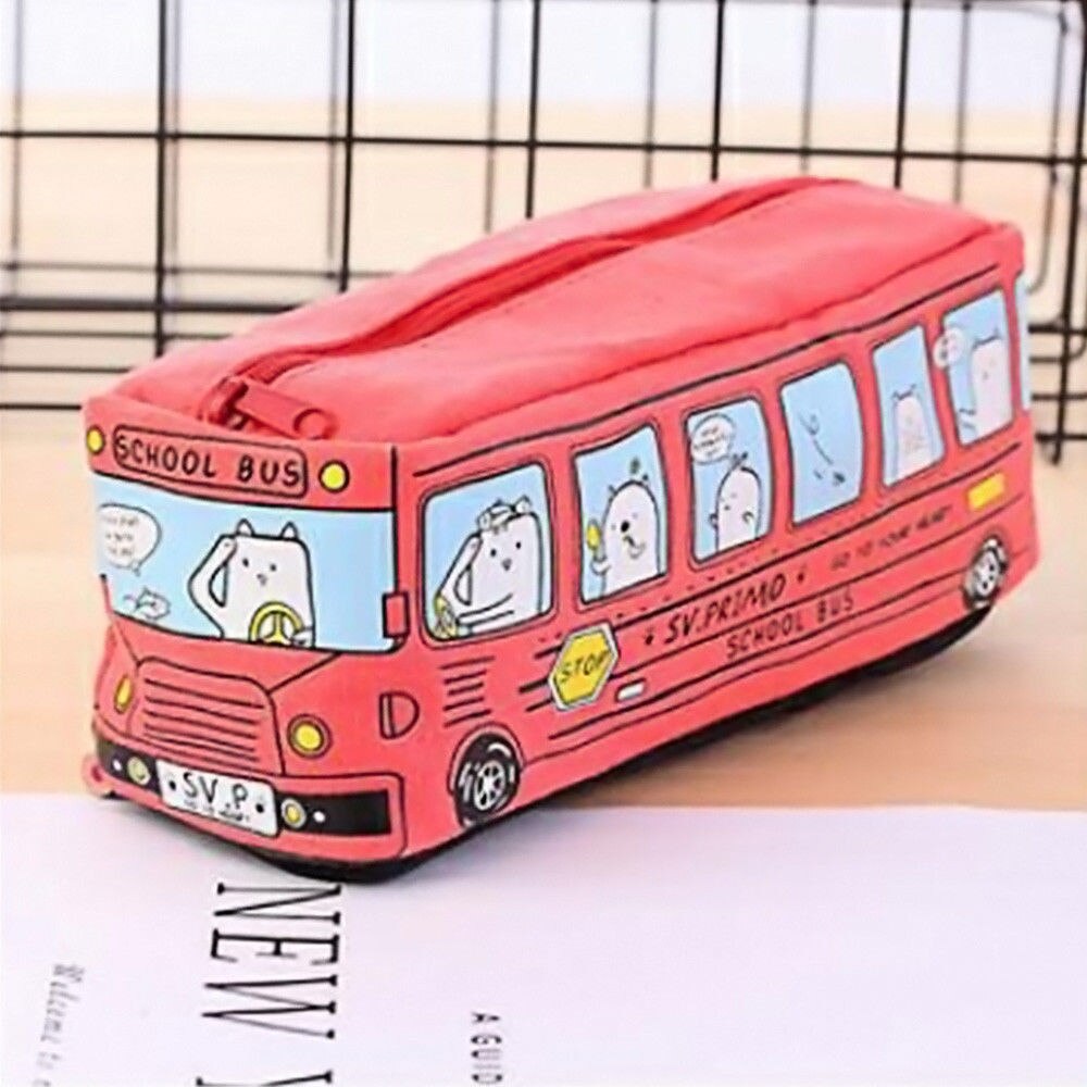 Canvas Pencil Case Popular School Bus Zipper Pencil Box Stationery Organizer School Supplies Durable Pen Bag For Kids: Red