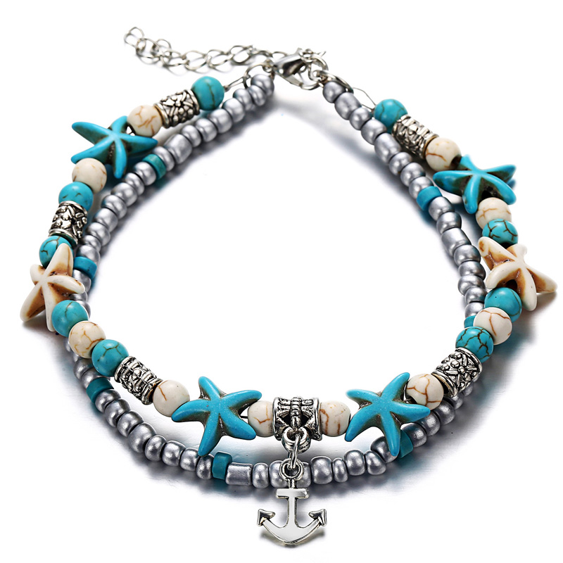 Tobilleras de playa Boho para mujer, pulsera de tobillo de elefante, cadena multicapa, joyería de pie, concha de tortuga, estrella de mar, árbol de la vida, Verano: Bañado en rodio de imitación