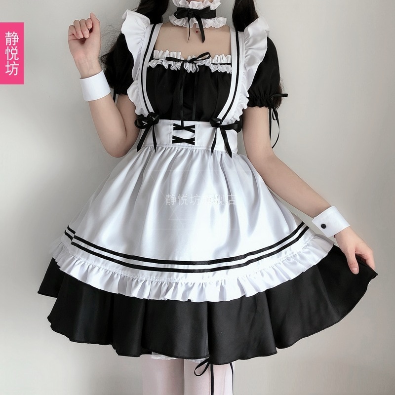 Japanese Black and White Maid Costume Women's Clothing Big Guy Daily Lolita Maid Cute Lolita Dress plus Size Cos: L