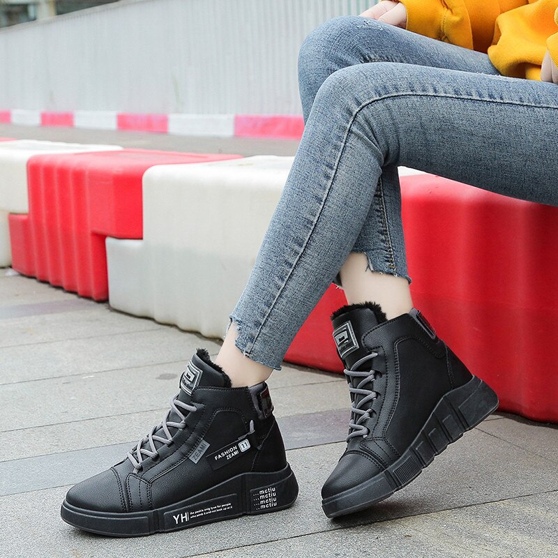Leather Women's Sport Shoes Warm High Top Women Sneakers Comfort Platform Ladies Running Shoes Lace Up Woman Sports Shoes B58