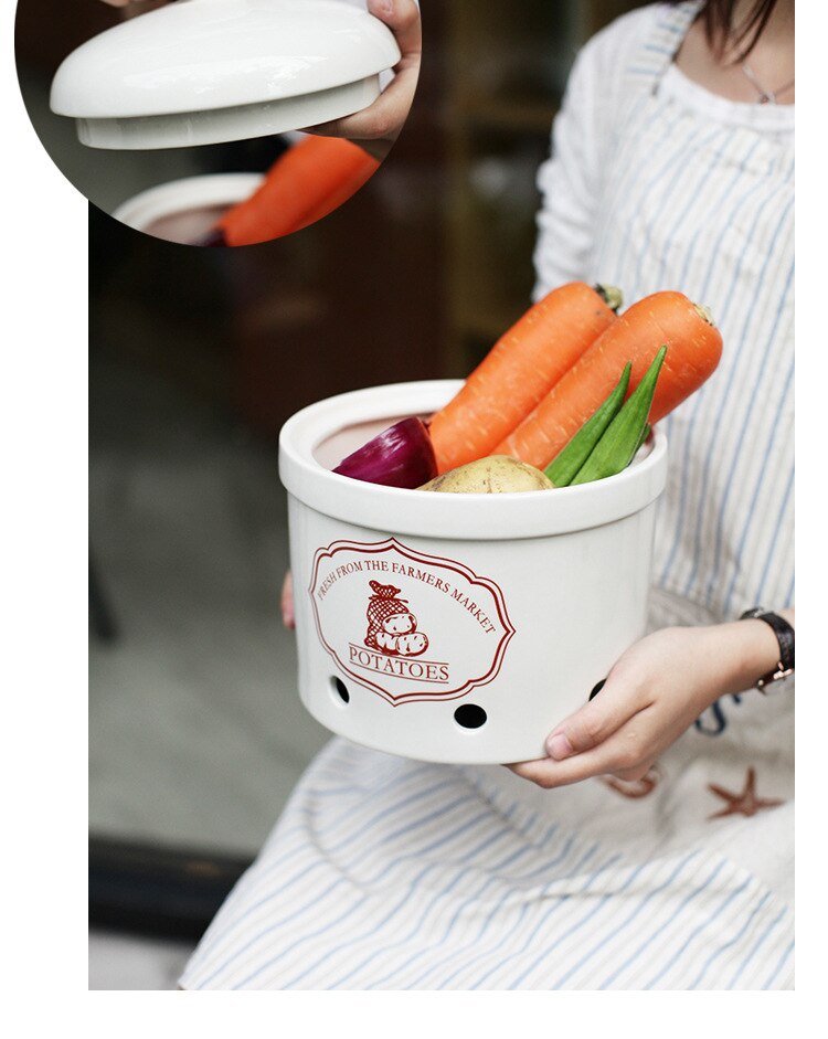 Simple Home Kitchen Ceramic Storage Jar Potato Onion Jar Garlic Jar Breathable Jar Storage Tank with Lid Fresh Cover Small Size