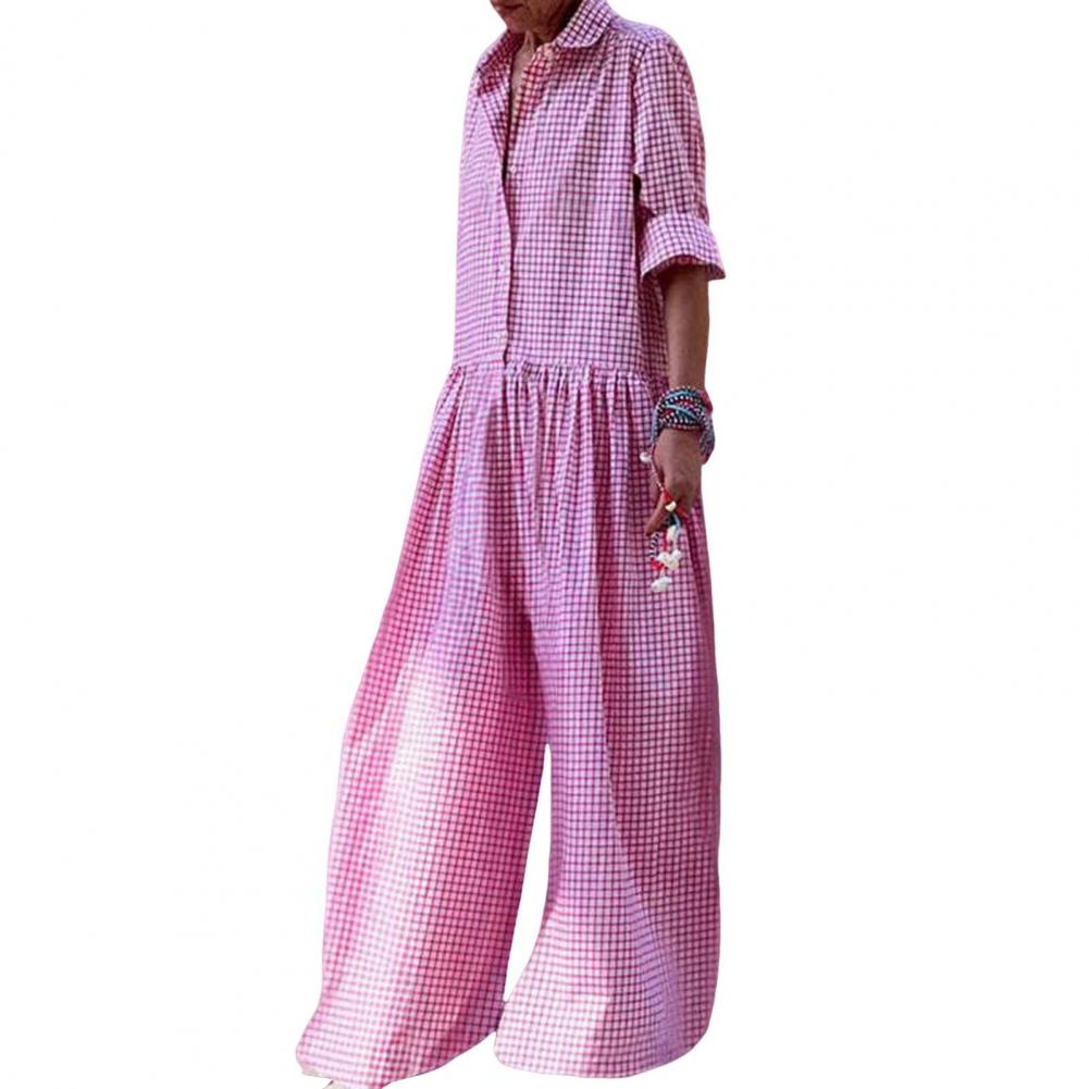 Zachte Jumpsuit Stijlvolle Ruitjesprint Dames Jumpsuit Met Lange Mouwen Wijde Pijpen Casual Losse Pasvorm Voor Een Modieuze Look Elastisch: S / Roze