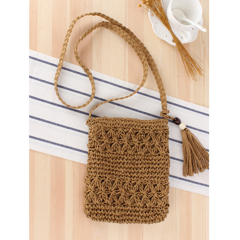 Sac en paille tissé à la main, sacoche ajourée Simple à pompon, sac de plage pour d&#39;été,: Brown