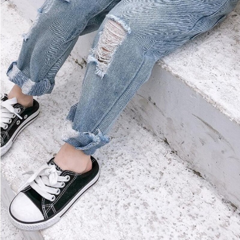Dfxd lente kinderkleding kinderjeans broeken lange losse gescheurde denim broek babymeisjes jongens elastische taille broek 2-7 jaar