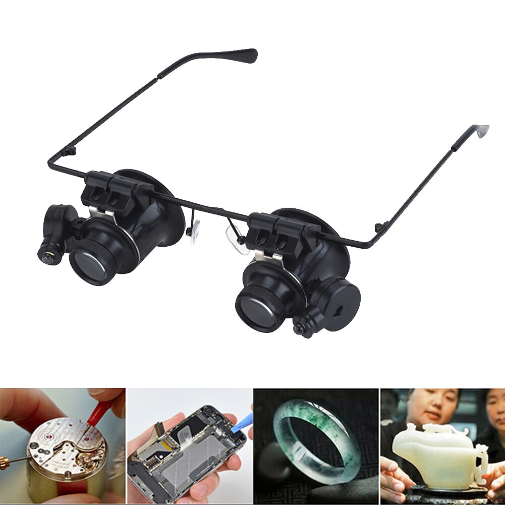 20X Magnifier Double Eye Glasses Type Watch Repair Jeweler Inspect Tool Magnifier With Two Adjustable LED Lights