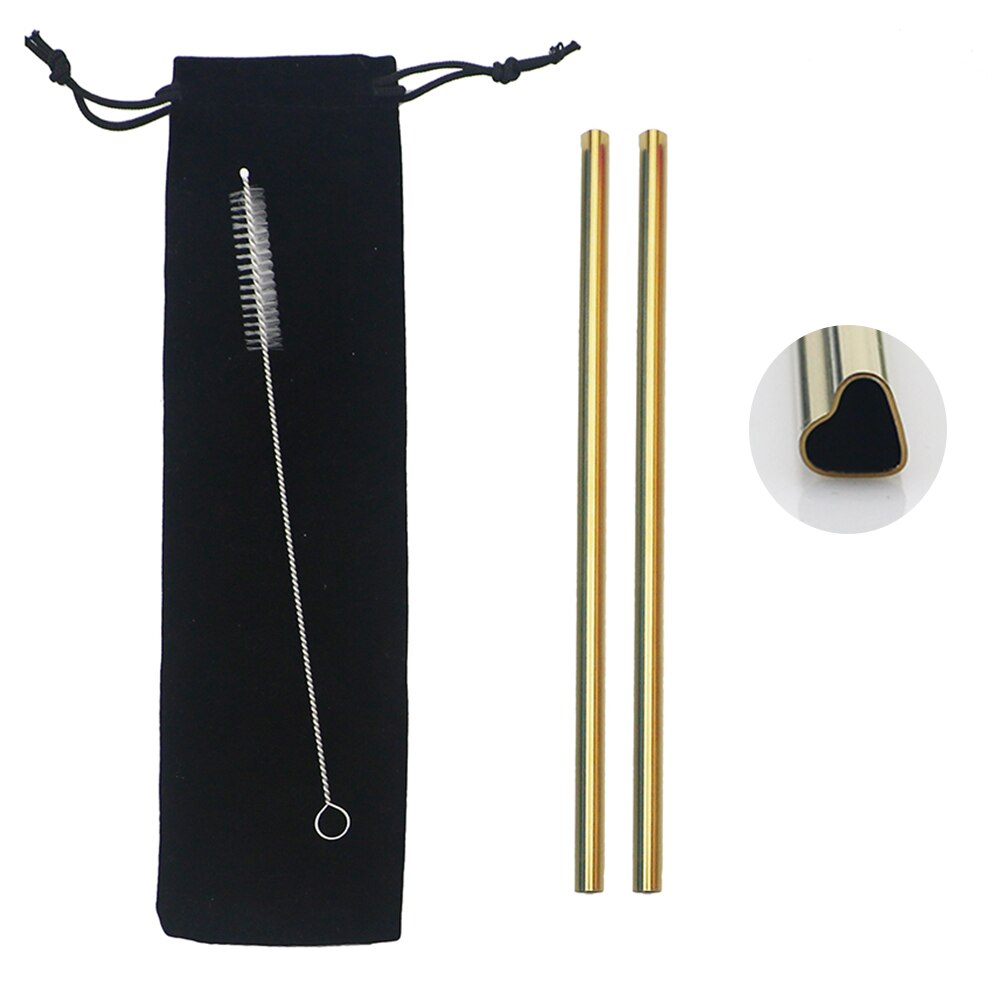 2/4Pc Reusable Love Shape Drinking Straws Set Wedding Decoration Metal Straw Stainless Steel Straw Straight Straw Birthday Party: 2 Pcs Gold