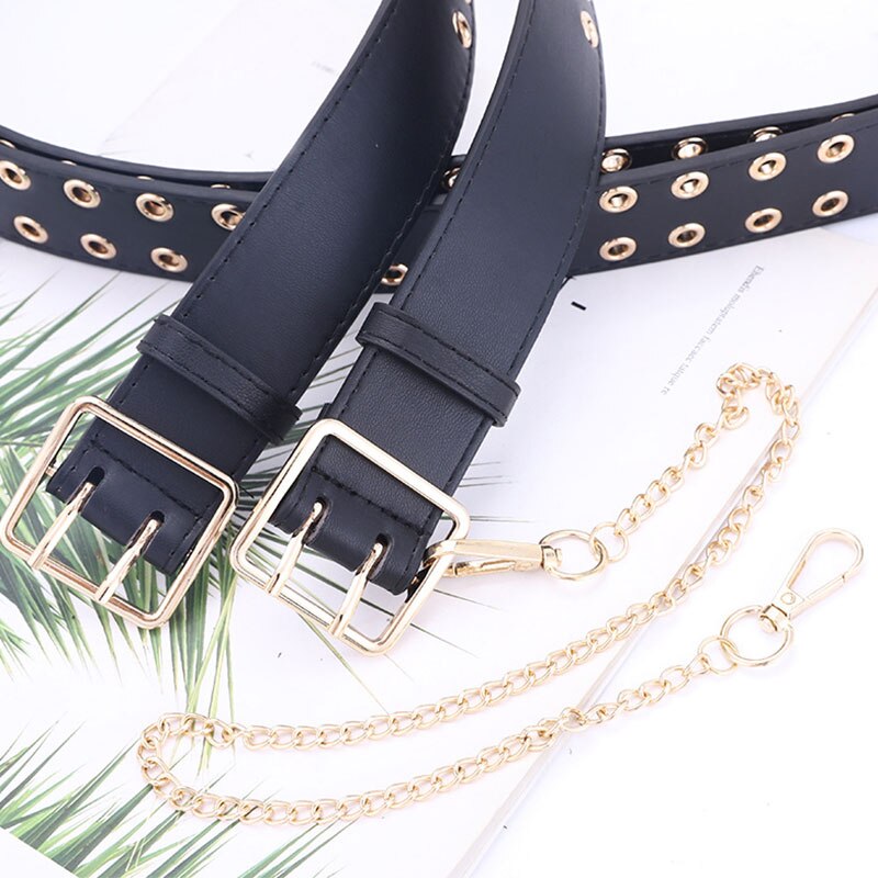 Dames punk zwart wit roze rood bruin dubbele oogjes leren riem met ketting riemen voor dames broek