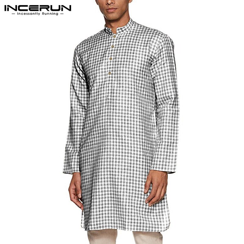 Herr rutig skjorta indiska kläder vintage långärmad ställning krage casual muslim streetwear herr långa skjortor kurta toppar plus size