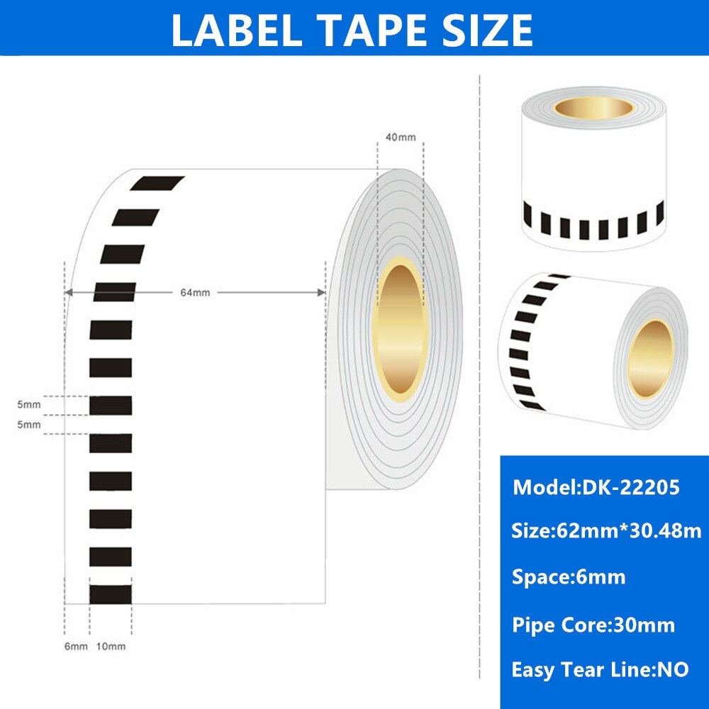 1PK Rolls Compatible DK-22205 Label TAPE 62mm*30.48M Continuous for Brother Label Printer White Paper DK22205 Full Blank Sticker
