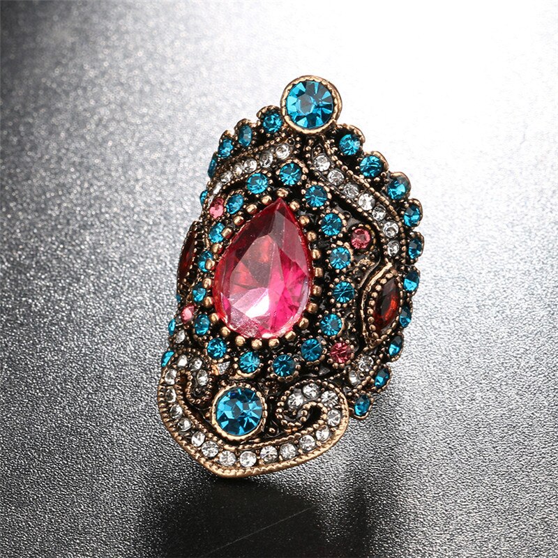 Anillos de boda bohemios para mujer, sortija de cristal azul étnico de lujo para mujer, corona grande, joyería Vintage para mujer
