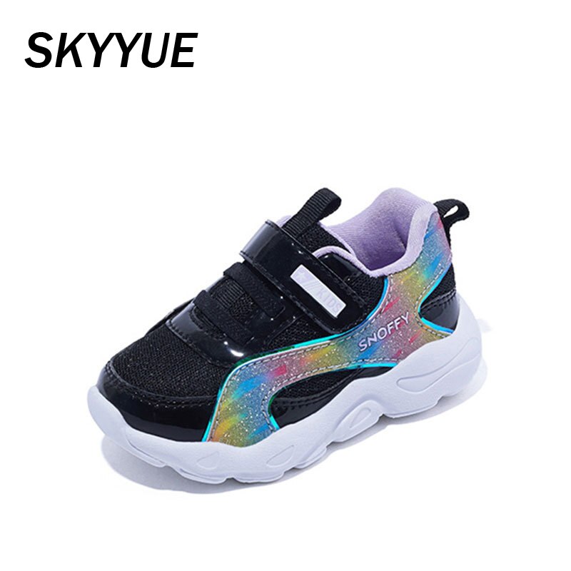 Nuevas zapatillas deportivas de primavera para niños, zapatillas de negras para niñas, zapatillas de deporte casuales con brillo para niños, zapatillas deportivas de malla para niños pequeños