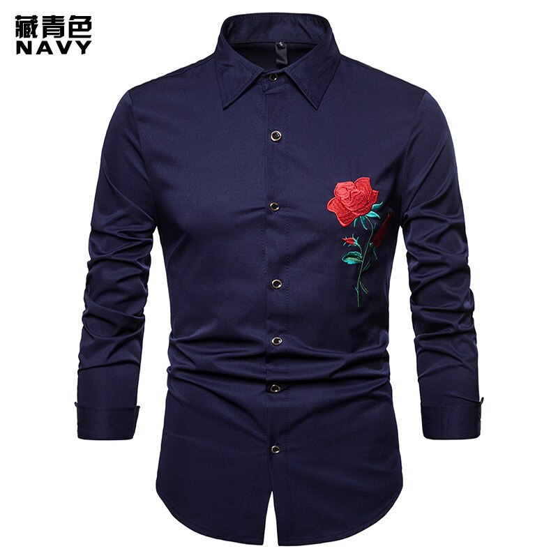 PYJTRL homme Rose broderie chemise à manches longues: navy blue / XL