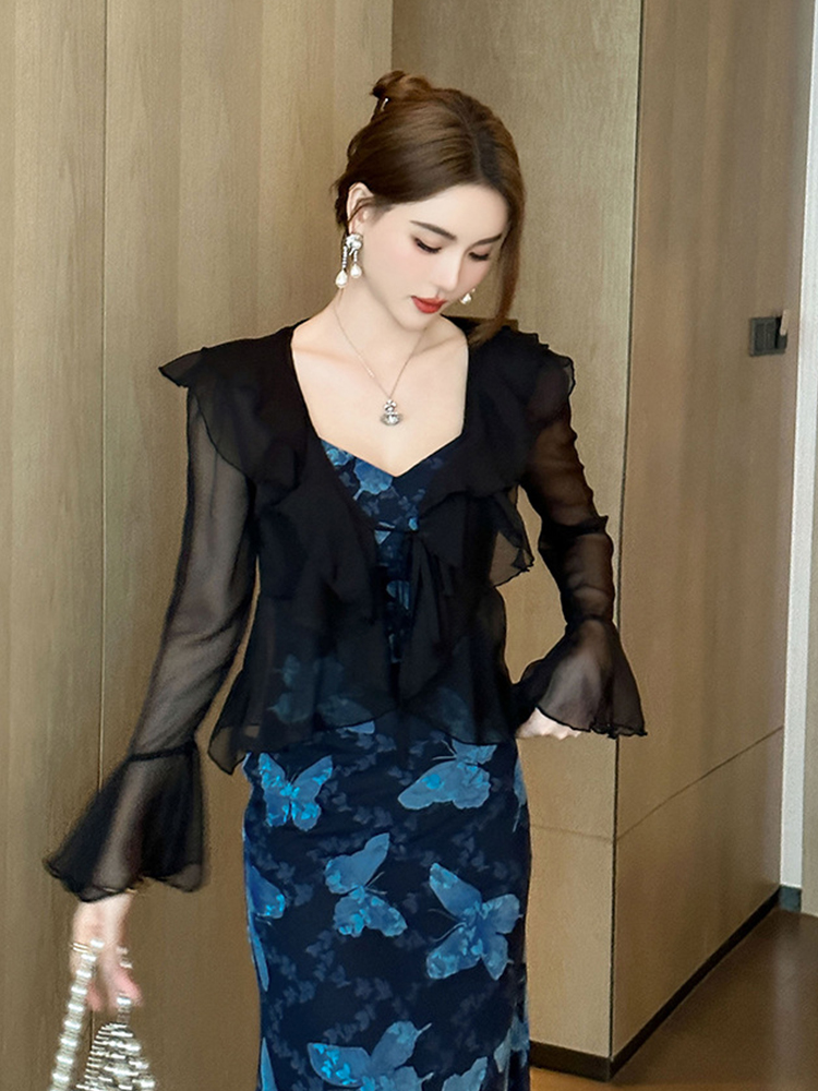 Camisa curta de chiffon elegante feminina, cardigã preto, blusas de manga flare, com renda, casaco feminino fino, férias de praia, moda doce