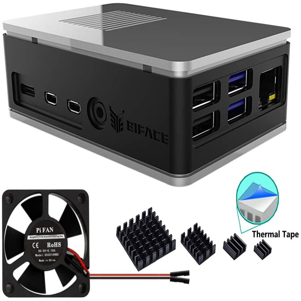 Boîtier BIFACE en Aluminium Raspberry Pi avec dissipateur thermique ventilateur 35mm, remplaçable, couvercle supérieur amovible pour Pi 4 modèle B/ 4B (modèle V) noir