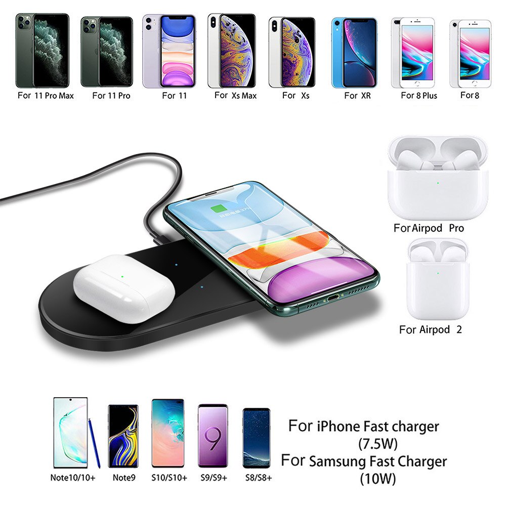 Dcae carregador sem fio 2 em 1 qi, doca para iphone 11 xs xr x 8 airpods pro 20w almofada de carregamento rápido duplo para samsung s20 s10