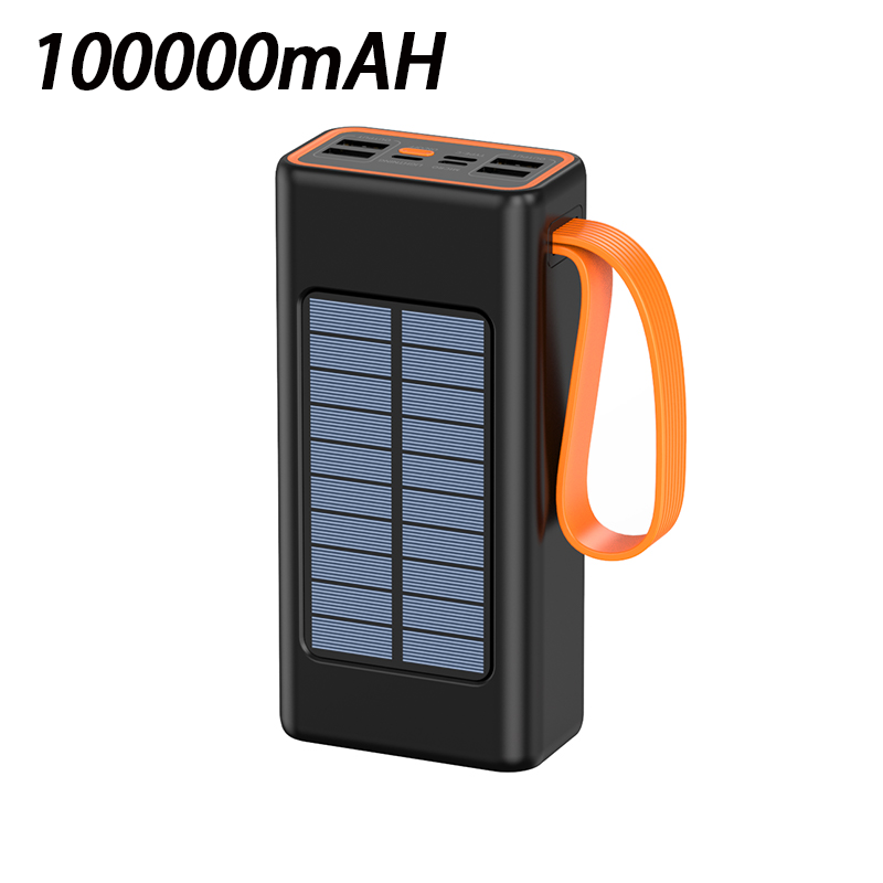 200000 Banco de energía Solar grueso de mAh, Cables integrados de gran capacidad, batería externa, Banco de energía con luz LED para iPhone, Huawei y Xiaomi: Negro