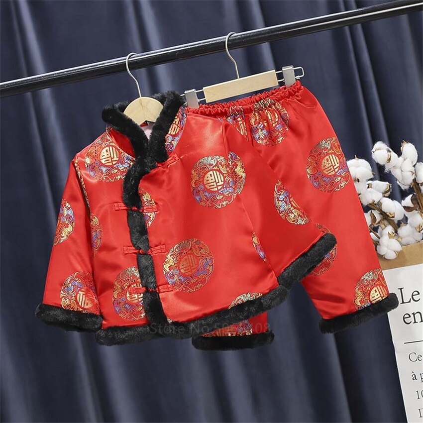Chinese Jaar Kostuums Voor Kinderen Jongens Meisjes Lente Festival Kleding Winter Baby Sets Jas Broek Traditionele Oude Tang