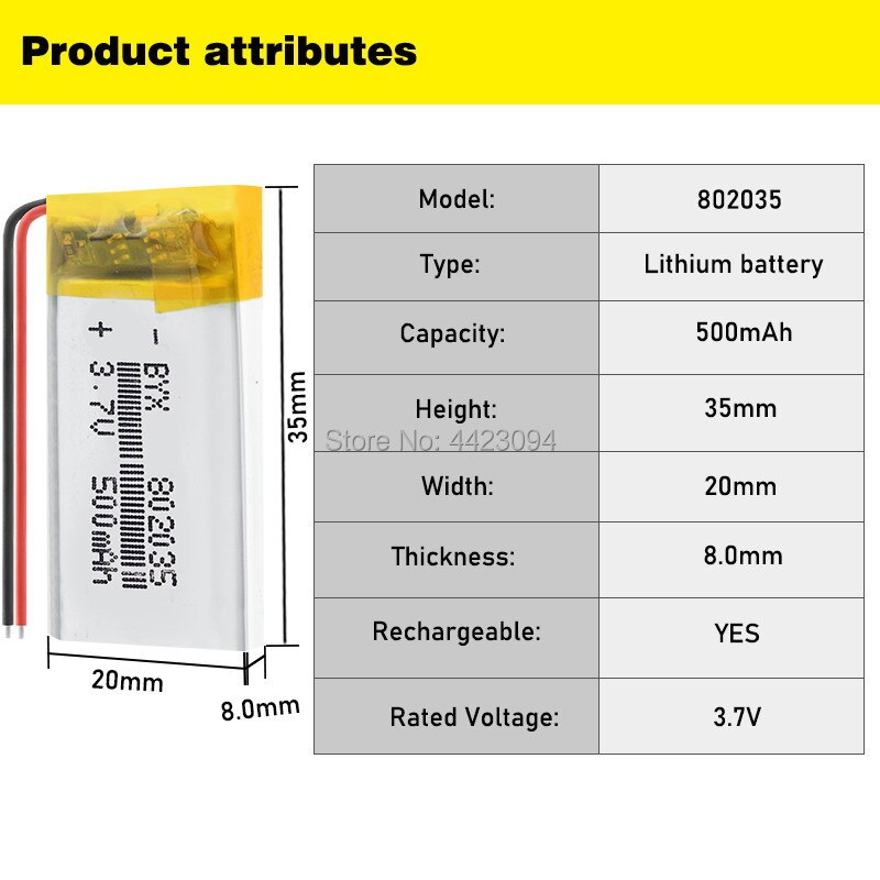 3.7V 500 Mah 802035 Lithium Polymeer Ion Batterij Voor MP3 MP4 Dvr Dvr Speelgoed Mio Mivue 536 Mio 518 recorder Spiegel Dvr Telefoon Speaker