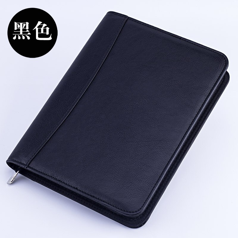 Kawaii Faux Leather A5 Padfolio with Calculator Zipper Binder Notebook Briefcase File Executive Folder Spiral Travel Note Book: Black