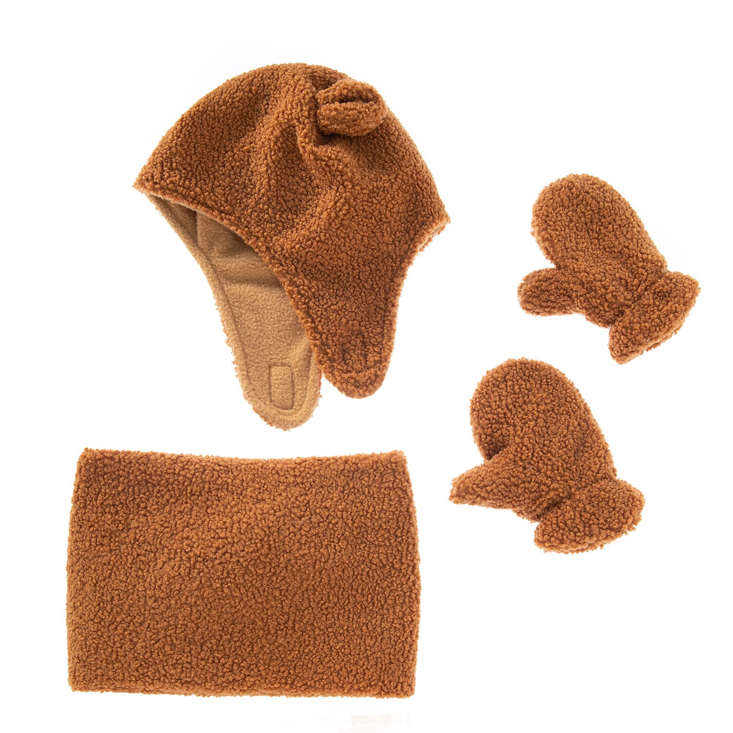 Kids Winter Warm Set Muts Sjaal Handschoenen 4 Stks/set Unisex Kind Teddy Kasjmier Fleece Motorkap Leuke Cap En Tonale sjaal Handschoenen: Dark Brown