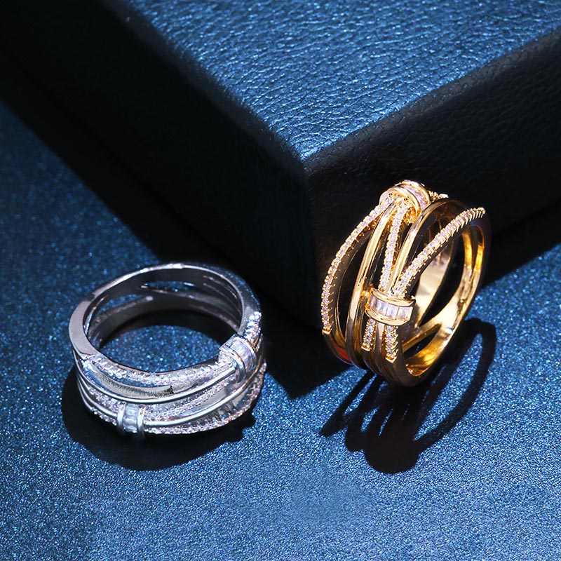 Flola Eenvoudige Strik Vrouwelijke Sieraden Ring Multi Lijnen Ring Met Cz Stone Party Koreaanse Sieraden Vrouwen Anillo Rigf85