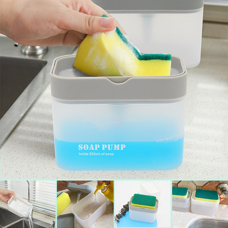 Soap Pump Dispenser 2-in-1 Liquid Dispenser Container With Sponge Holder Hand Press Soap Organizer Kitchen Cleaner Tools