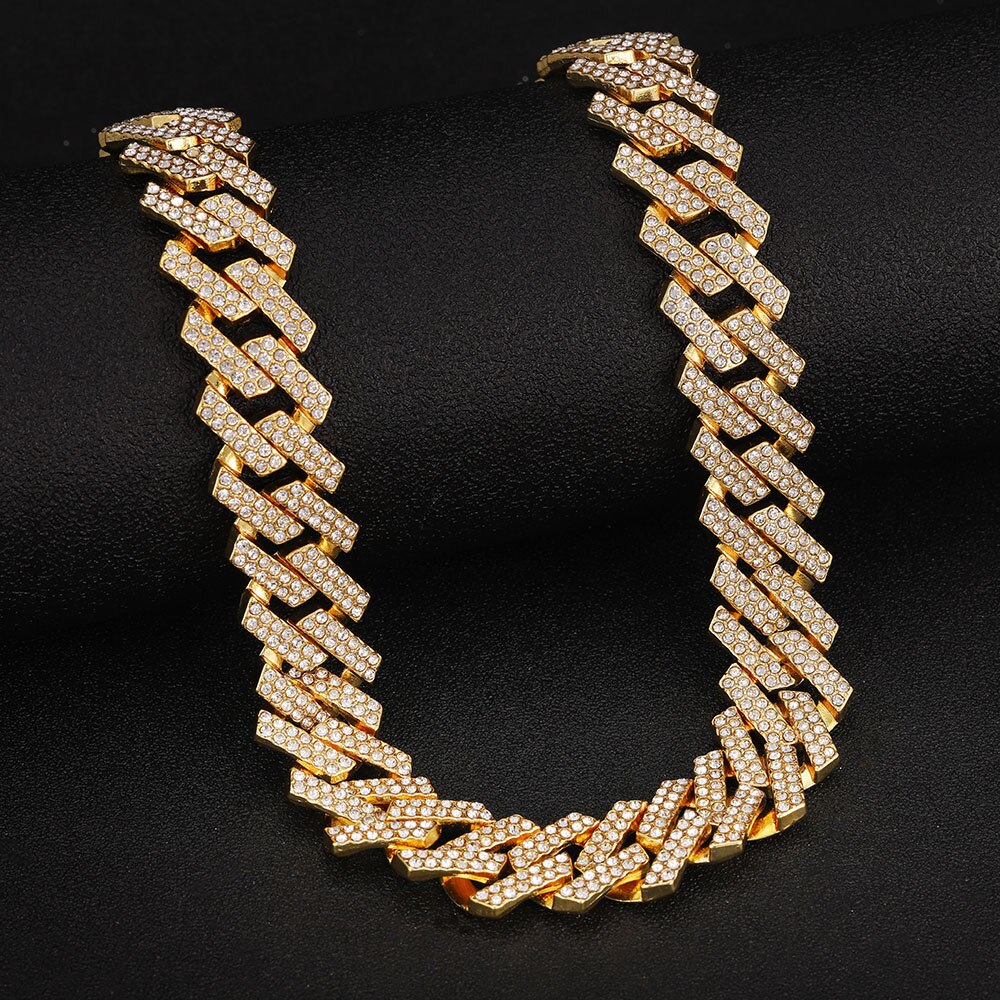 Collier Long glacé pour hommes, Hip Hop, strass or et argent de 19mm, chaîne cubaine, Rap à paillettes, exquis