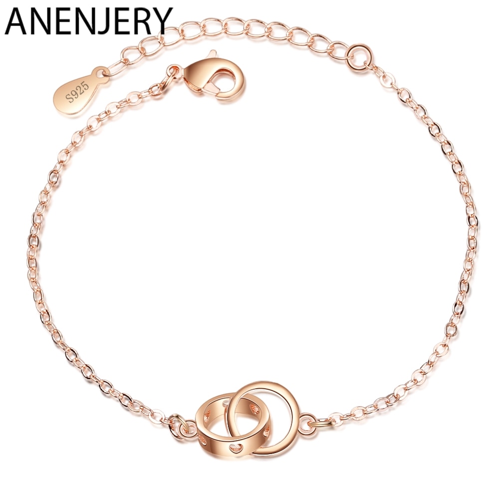 Anenjery Hollow Heart Double Circle Interlock Silver Color Bracelet For Women Jewelry S-B235