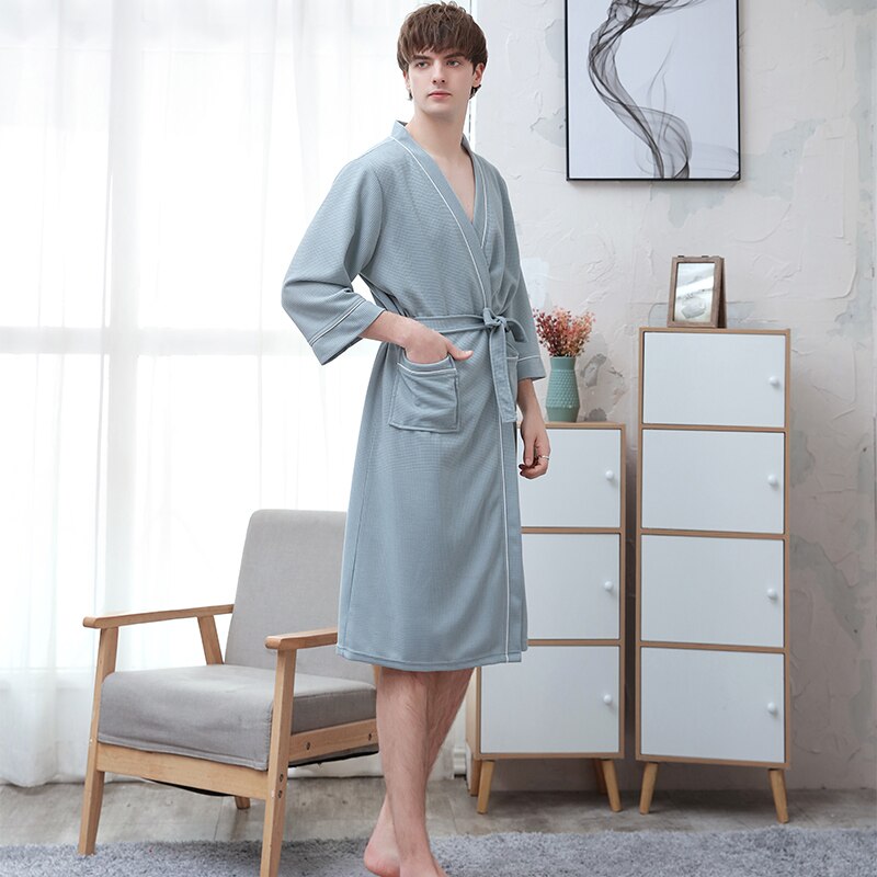 Four Seasons Soft Waffle 3 Quarter Sleeve Man Bathrobe W1901: Green / M