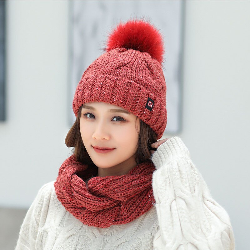 Conjunto de gorro y bufanda de invierno, gorros de punto grueso para mujer, gorro, bufanda para niñas, gorro de Pom Beain, sombreros de color sólido: Coral red
