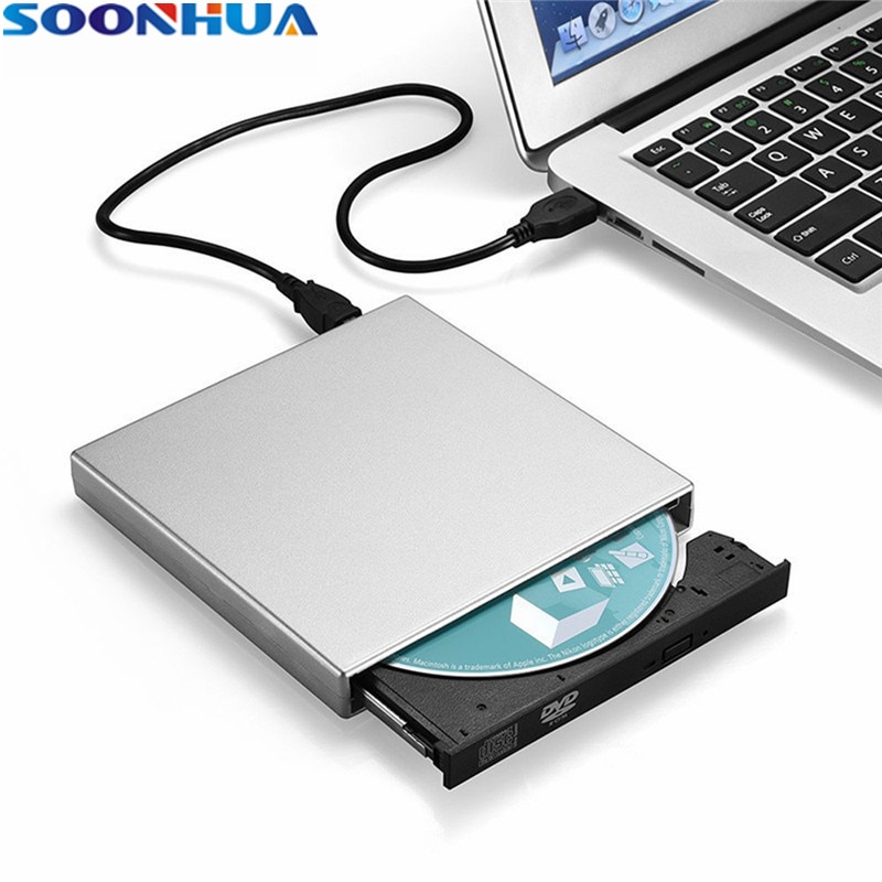 Soonhua sølvtynd usb 2.0 dvd cd eksternt drev med holdbar plastikbrænderlæserafspiller combowriter-optager til bærbar computer