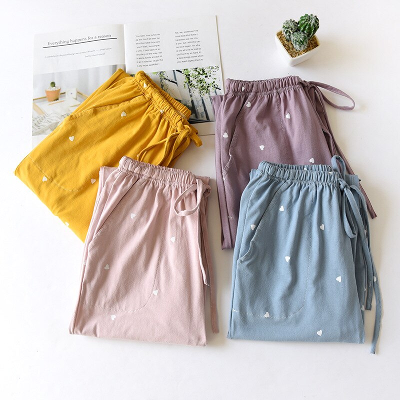 Pantalones de algodón de punto para mujer, pantalones de Casa bonitos de amor, de verano, finos, para dormir, para las cuatro estaciones