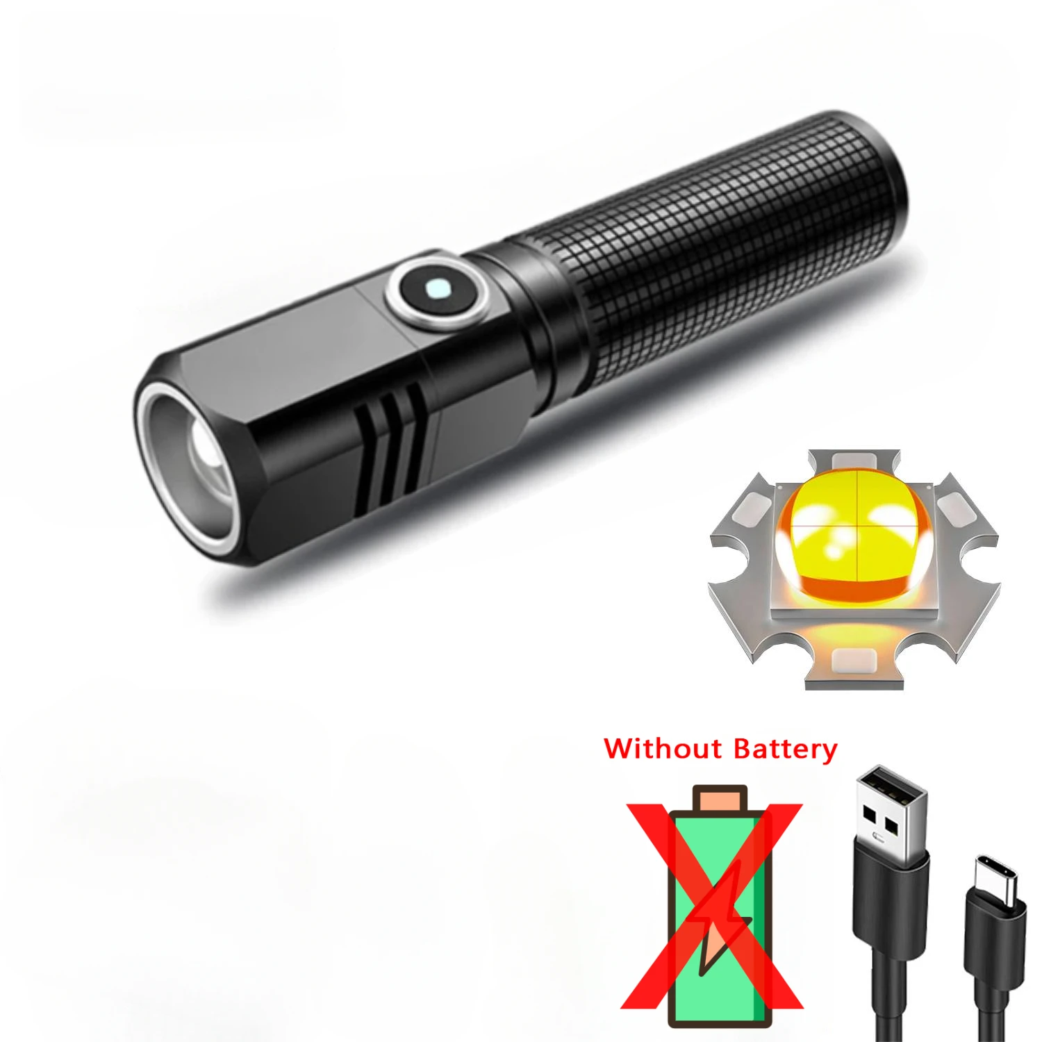mini-lommelykt xhp 50 ledet usb c oppladbar 16340 18650 batterilommelykt 1500lm kraftig lommelykt kan lukkes med ett klikk: Hvit